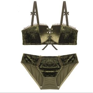 Green velvet corset tie up lingerie bra pantie set